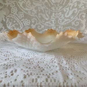 Milk Glass Peach Lusterware Square Candy Dish Ruffled Sawtooth Edge Diamond Cut